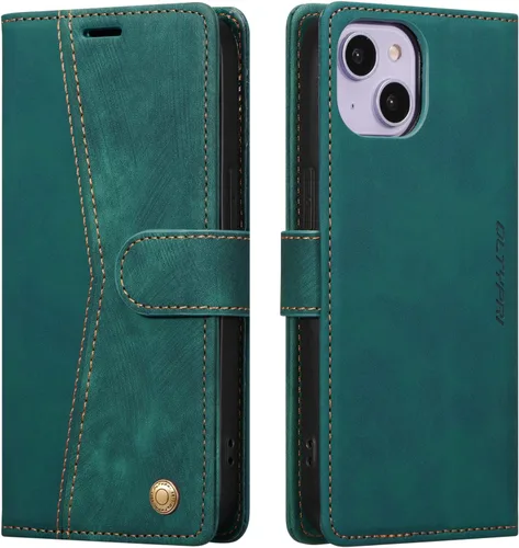 Vista 15 de QLTYPRI Funda para iPhone 13, funda de piel sintética con cierre magnético, soporte para tarjetas, función atril, a prueba de golpes, funda Azul