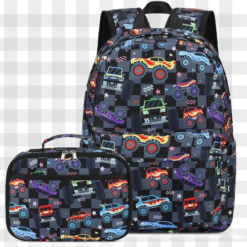 Vista 9 de CAMTOP Mochila para niños y niñas, mochilas preescolares con lonchera, juego de mochila escolar para jardín de infantes (vehículo negro a cuadros)