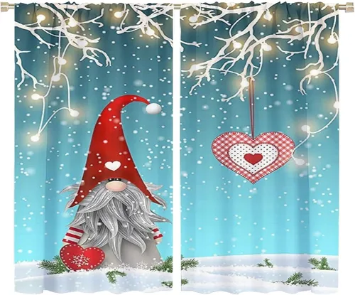 Vista 30 de Cortinas de Navidad de gnomo, bolas de árbol de Navidad, luces, regalos, decoración de tablones para sala de estar, dormitorio, bolsillo para barra
