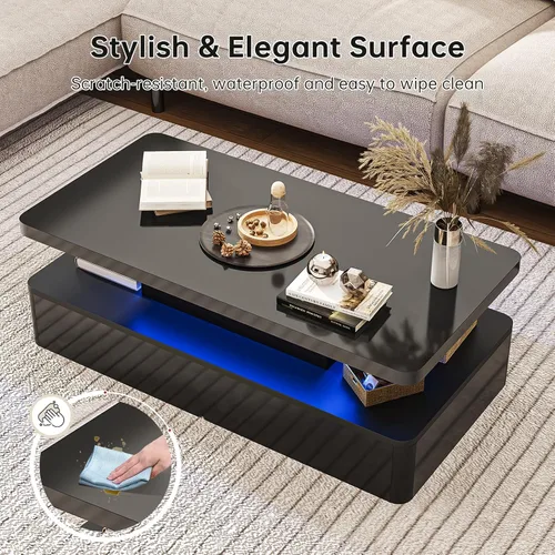 Vista 7 de Mesas modernas de sala de estar, mesa de centro LED con luces LED, mesa central rectangular de 2 niveles con gran almacenamiento, superficie de alto