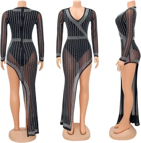 Vista 4 de Uni Clau Vestido sexy con tirantes delgados y diamantes de imitación para mujer, vestido de malla transparente para fiesta, club, salida nocturna