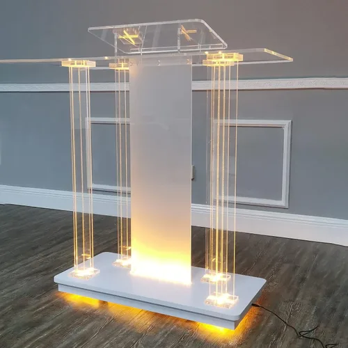 Vista 2 de FixtureDisplays Púlpito de iglesia con iluminación LED de lujo, acrílico y MDF podio con ruedas, atril de pie, atril de debate de conferencia