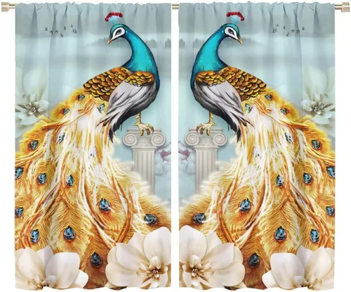 Vista 36 de Cortinas opacas de pavo real, hermoso patrón de estampado de flores de pavo real azul, estampado de mariposas y pavo real, juego de 2 paneles
