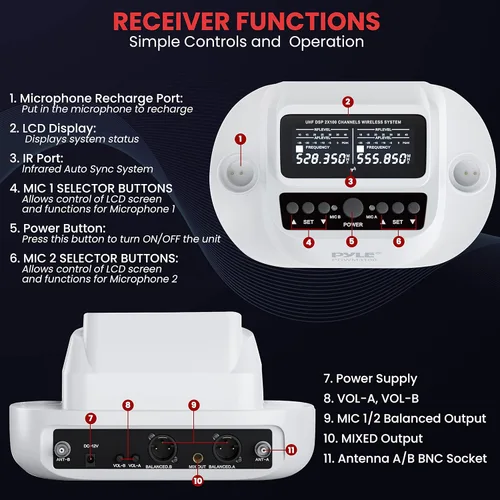 Vista 2 de Pyle Sistema de micrófono inalámbrico UHF - Receptor Bluetooth con 2 micrófonos de mano recargables, baterías de 1200 mAh, sonido claro