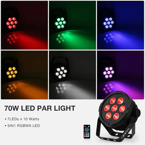 Vista 2 de Par de luz LED para escenario: 70 W RGBWA 5 en 1 LED par puede activar por sonido múltiples modos por control remoto y control DMX para eventos