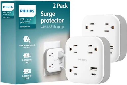 Vista 8 de Philips EZFit Extensor de Tomacorriente con Protección contra Sobretensiones de 3 Salidas con USB, 1 USB-A, 1 USB-C, Espaciado para Adaptadores
