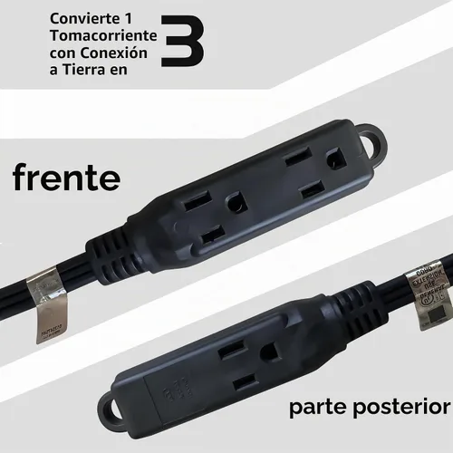 Vista 4 de Cable de extensión de enchufe plano de 3 tomas, certificado UL, cable de extensión para interiores de 16 calibre 1 pie negro de 3 puntas, tira