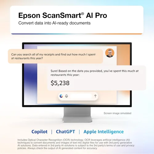 Vista 2 de Epson RapidReceipt RR-600W - Escáner inalámbrico de escritorio a color de 2 lados para recibos y documentos con software ScanSmart AI PRO