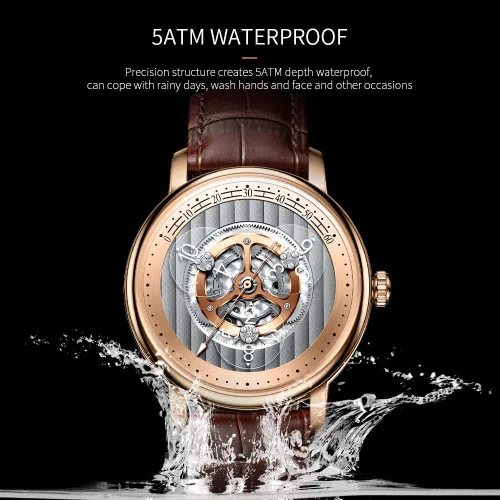 Vista 3 de GLENAW Automatic Watches for Men, Waterproof Watches for Men Dial Leather Band Skeleton Mechanical Watch 3 Transparent Hour Hand Wave