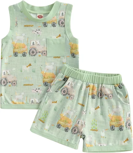 Vista 12 de CIYCUIT Conjunto de 2 piezas de ropa de verano para bebé, ropa de playa, sin mangas, pantalones cortos dinosaurio blanco