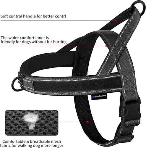 Vista 4 de Annchwool Arnés sin tirones para perro, con mango acolchado suave, tira reflectante a prueba de fugas y ajuste rápido para ajustar el arnés del Negro