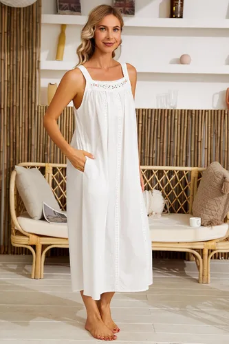 Vista 2 de YOZLY Camisones de algodón para mujer, sin mangas, bordados, con bolsillos, S-XXL