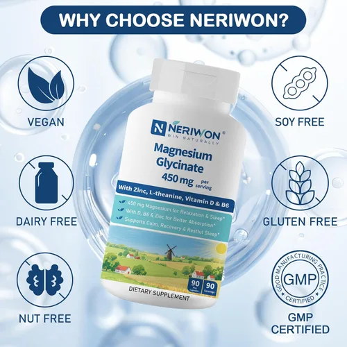 Vista 5 de Glicinato de magnesio de alta absorción 450 mg para apoyo al sueño, relajación muscular y salud inmunológica, sin OMG, sin gluten, 90 cápsulas