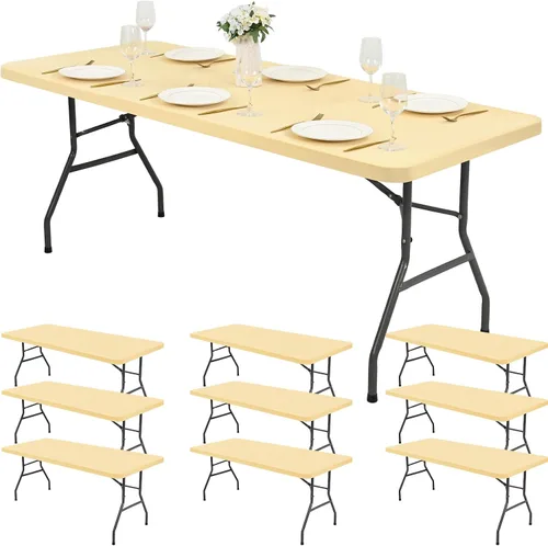Vista 22 de Paquete de 6 fundas de tela elástica para mesa, color beige, para mesas de 8 pies, protector de mantel rectangular universal lavable y elástico
