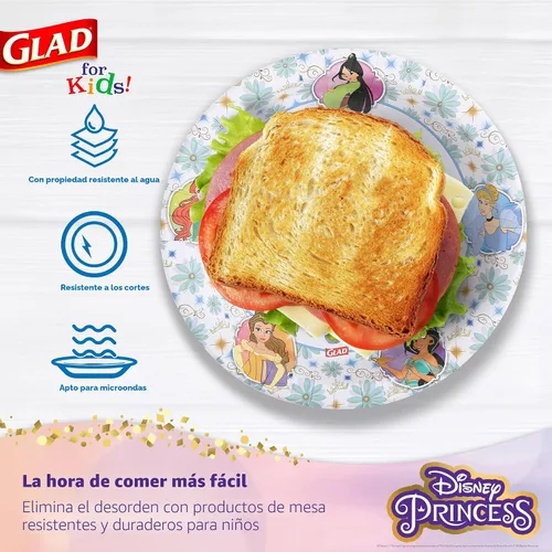 Vista 3 de Glad para Niños Platos de Papel Desechables de Princesas Disney, Marcos Florales - Resistente, A Prueba de Absorción, Apto para Microondas, Platos