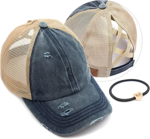 Vista 17 de C.C Gorra de béisbol de malla con diseño de estrella brillante, gorra de camionero ajustable para moño o cola de caballo Una banda elástica-negro