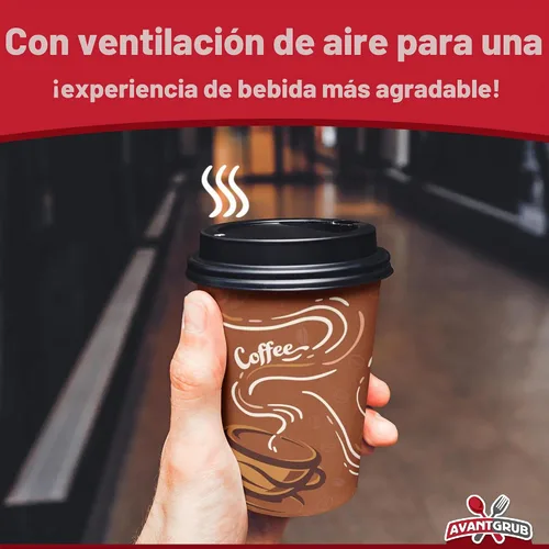 Vista 3 de Avant Grub Paquete de 100 tazas de café de papel de grado restaurante de 12 onzas con tapas de cúpula reciclables. Vasos desechables duraderos sin
