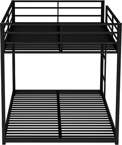 Vista 4 de Litera baja de tamaño matrimonial con escalera, litera de metal con barandillas de seguridad para niños, adolescentes y adultos, no requiere somier