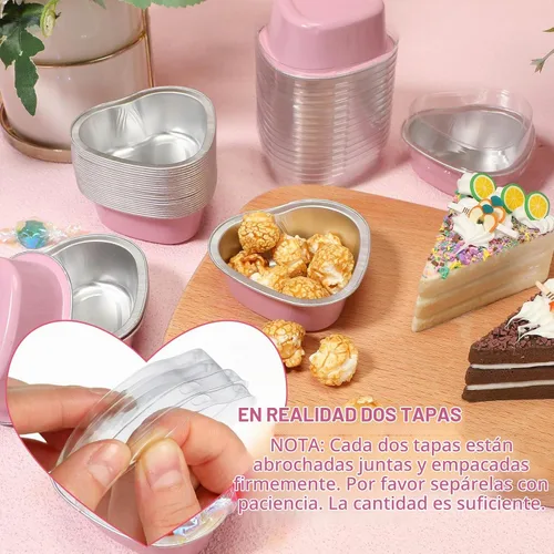 Vista 3 de Nuogo 30 juegos de mini moldes para tartas de corazón con tapas y cucharas de 1.86 onzas / 1.9 fl oz Mini papel de aluminio en forma de corazón Rosa