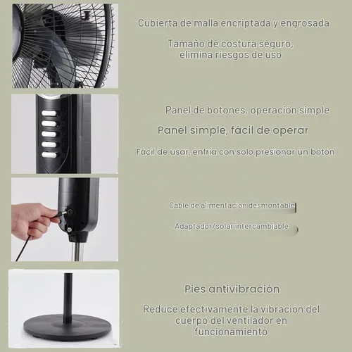 Vista 4 de Ventilador solar recargable de 16 pulgadas, ventilador oscilante ajustable de pie, motor de corriente continua, ventilador de piso silencioso