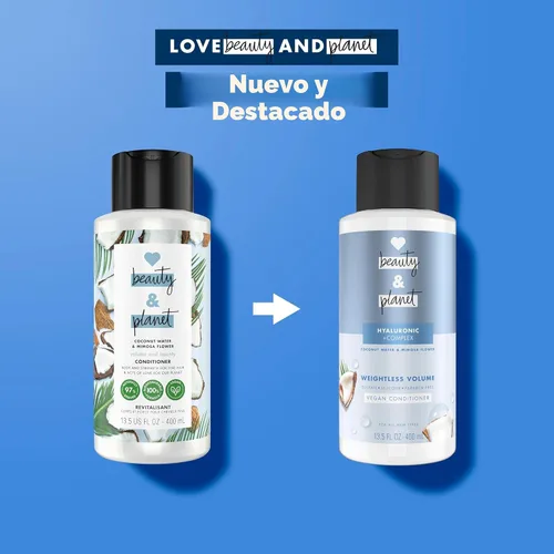 Vista 5 de Love Beauty and Planet Acondicionador de volumen sin peso con ácido hylaurónico agua de coco y flor de mimosa para el cuidado del cabello fino