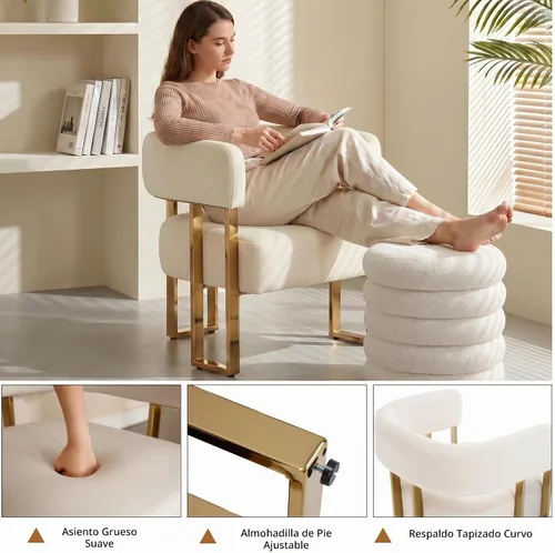 Vista 3 de Silla de acento barril para sala de estar con patas de metal dorado, silla lateral de terciopelo suave tapizada para dormitorio, sillón de lectura