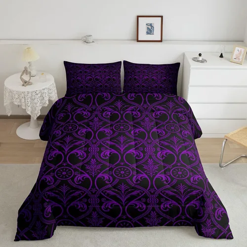 Vista 2 de Erosebridal Juego de edredón floral de color morado y negro degradado para niñas y mujeres, tamaño Queen, juego de ropa de cama gótico barroco