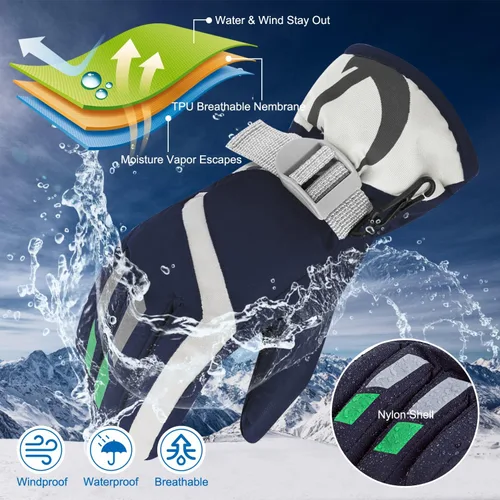 Vista 3 de Guantes de nieve para niños, impermeables, aislados, guantes de invierno para esquí, guantes de nieve para niños y niñas de 7 a 10 años