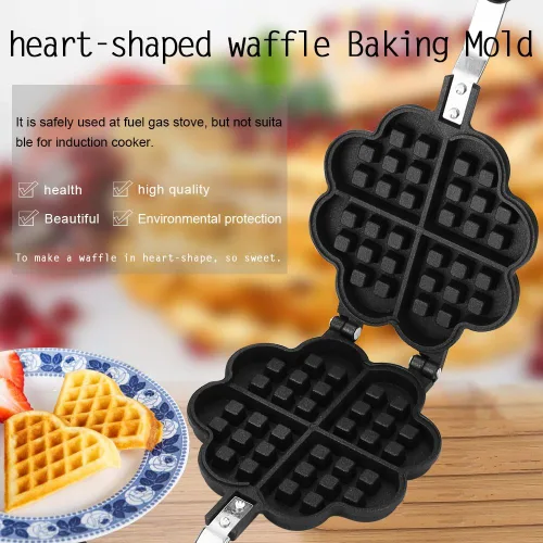 Vista 2 de HERCHR Molde para hacer gofres, de hierro fundido en forma de corazón, para panqueques, antiadherente, doble cara, molde para gofres con mango largo