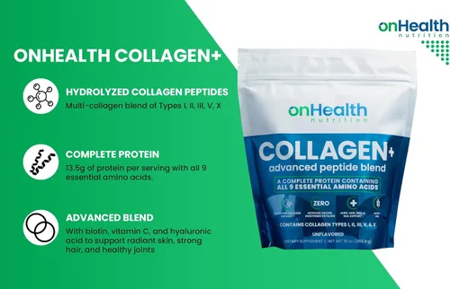 Vista 3 de onHealth - Polvo de péptidos multicolágeno tipo I, II, III, V y X proteína completa con los 9 aminoácidos esenciales, biotina, ácido hialurónico