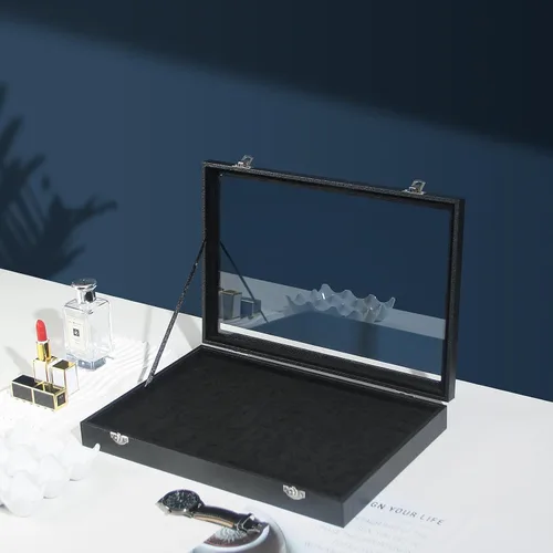 Vista 8 de Coward Joyero organizador de anillos, caja de terciopelo negro con 100 ranuras para anillo, bandeja de exhibición con tapa de vidrio transparente