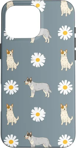Vista 19 de Funda azul para iPhone 16 con diseño de perro Heeler y margarita azul polvoriento
