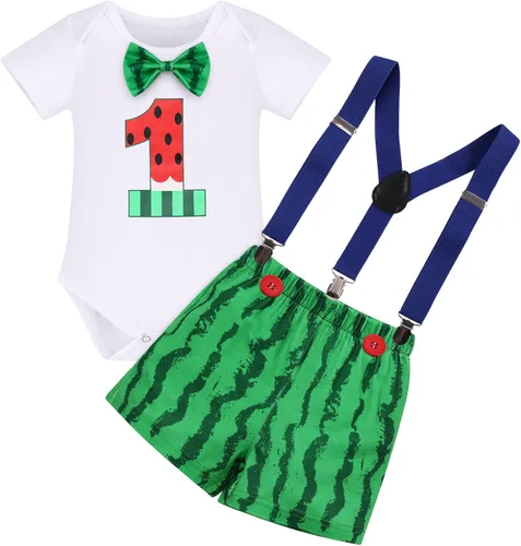 Vista 18 de Conjunto de 4 piezas de 3 piezas para bebé, diseño de sandía, para el primer cumpleaños, para tarta, de manga corta, pañales, con tirantes