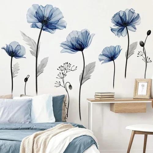 Vista 2 de decalmile Calcomanías grandes de pared de flores azules, calcomanías de pared para dormitorio, sala de estar, cocina, decoración de pared, regalos