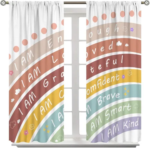Vista 8 de Cortinas bohemias de arco iris, dibujos animados, citas motivacionales, impresiones abstractas coloridas, opacas, tratamiento de ventana para niños