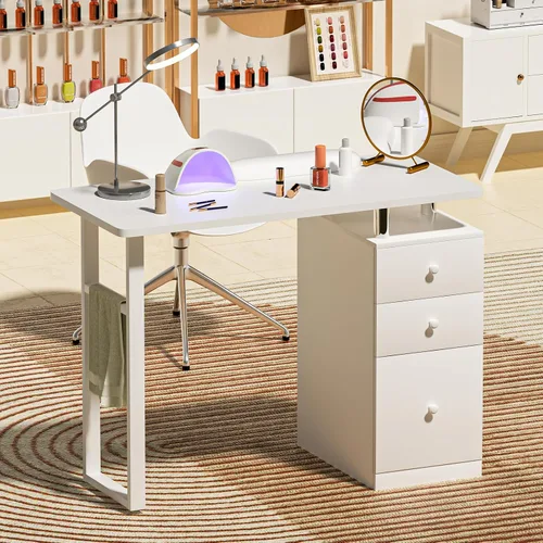 Vista 2 de Mesa de manicura, mesa de uñas, estación de mesa de uñas, resistente a acetona, cojín de muñeca, 3 cajones y 2 gabinetes Acetone-resistant