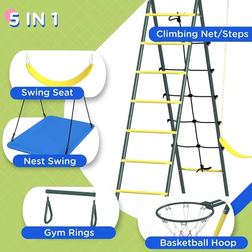 Vista 4 de Outsunny Juego de columpios de 440 libras para patio trasero, soporte 5 en 1 resistente con marco en A, juego al aire libre para niños, con columpio