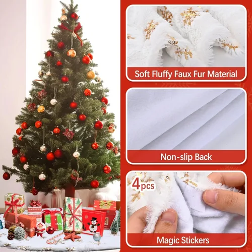 Vista 4 de Faldas de árbol de Navidad de 60 pulgadas, falda de árbol de Navidad de piel sintética blanca con copos de nieve de lentejuelas doradas, faldas