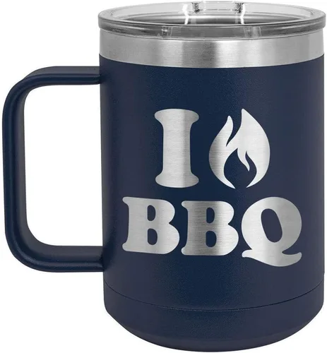 Vista 5 de I Love BBQ Black Taza de café de 15 oz con tapa deslizante Taza de café de viaje aislada Idea de regalo para barbacoa y parrilla para hombres