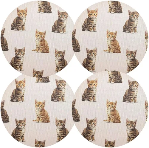 Vista 2 de Cute Orange Brown Kittens Pale Table Place Mats, Non Slip Placemats Round Washable for Kitchen Table one sizex4