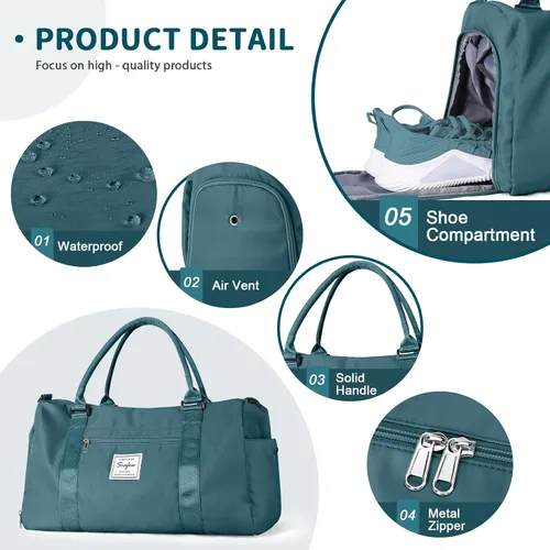 Vista 4 de Bolsa de gimnasio para mujeres y hombres bolsa de viaje deportiva con compartimento para zapatos y bolsillo húmedo A-pavo real-azul