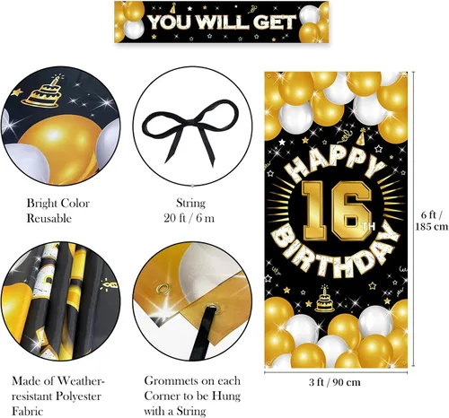 Vista 4 de Decoraciones de feliz cumpleaños número 16 para niños y niñas, pancarta de tela para cumpleaños de 16 años, suministros de fiesta de dieciséis años