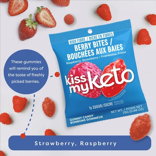 Vista 6 de Kiss My Keto Gomitas sin azúcar, mordeduras de bayas, paquete de 8 – Satisface los antojos mientras te mantienes en cetosis – Alto en fibra, 0.17 oz