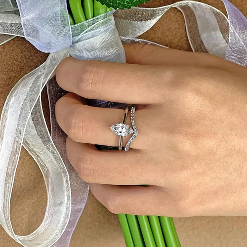 Vista 2 de michooyel S925 - Anillo de compromiso 2 en 1 de 1.5 quilates, corte marquesa para mujer, anillo de boda, anillo de novia, anillo de promesa de plata