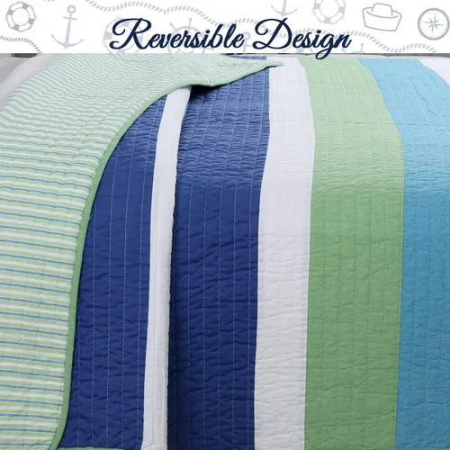 Vista 3 de Cozy Line Home Fashions Waylon - Juego de edredón reversible a rayas 100% algodón, color azul marino, verde y blanco, colcha