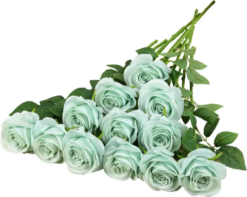 Vista 21 de 12 piezas Rosas Flores Artificiales Rosas Falsas Azul Bebé Rosas de Seda Flores de Seda Blancas Rosas con Tallos Largos para Bodas Hogar Fiestas