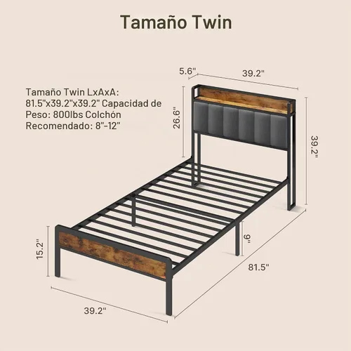 Vista 2 de Gizoon Base de cama individual con cabecero y estribo, cama de plataforma de metal