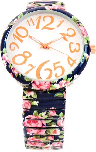 Vista 2 de Azul marino rosas estampado floral cara grande fácil de leer banda elástica extensión reloj de mujer, Movimiento de cuarzo