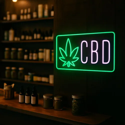 Vista 3 de Señal LED 'CBD' con icono de hoja por SMOKE SHOP LED – Vida útil nominal de 50,000 horas, ¡atrae a más clientes! - Letrero LED de neón de CBD