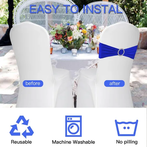 Vista 14 de WJWHQ 100 piezas de cintas elásticas de elastano con lazos para sillas, bandas de cubierta de silla con hebilla deslizante para eventos de boda